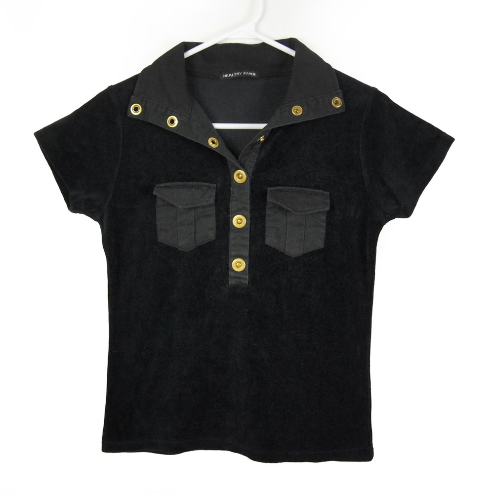 Vintage HEALTHY KAREN Japan Black Velvet Velour Short Sleeve Polo Top